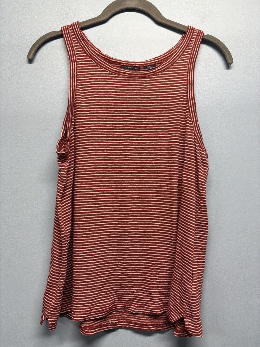 Tahari Linen Striped Tank Top Neutral Casual Boho Coastal Chic Preppy Sz Medium